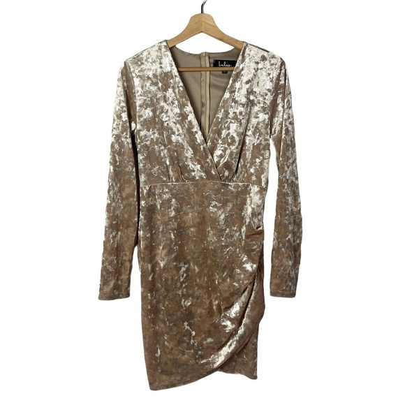 Lulu's Champagne Velvet Long Sleeve Mini Dress L - Picture 2 of 6